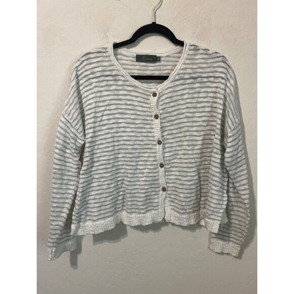 Willow XL Grey and White Cardigan Wood Buttons Slub Cotton Button Up Sweater - Picture 2 of 7